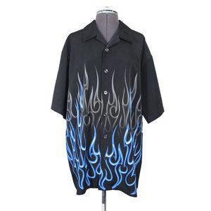 ODO men's vintage blue fire‎ flame print short sleeve button front shirt L